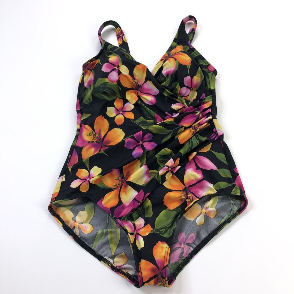 Miraclesuit One Piece Swimsuit Size 16? Tummy Control Floral Black MINT